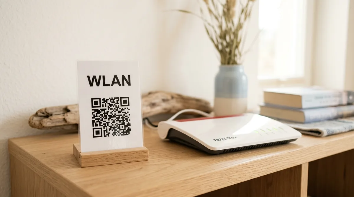 Fritzbox und WLAN Code auf einem Regal