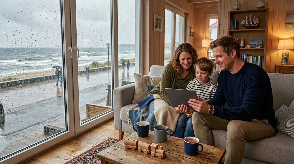 Familie schaut auf Tablet bei schlechtem Wetter